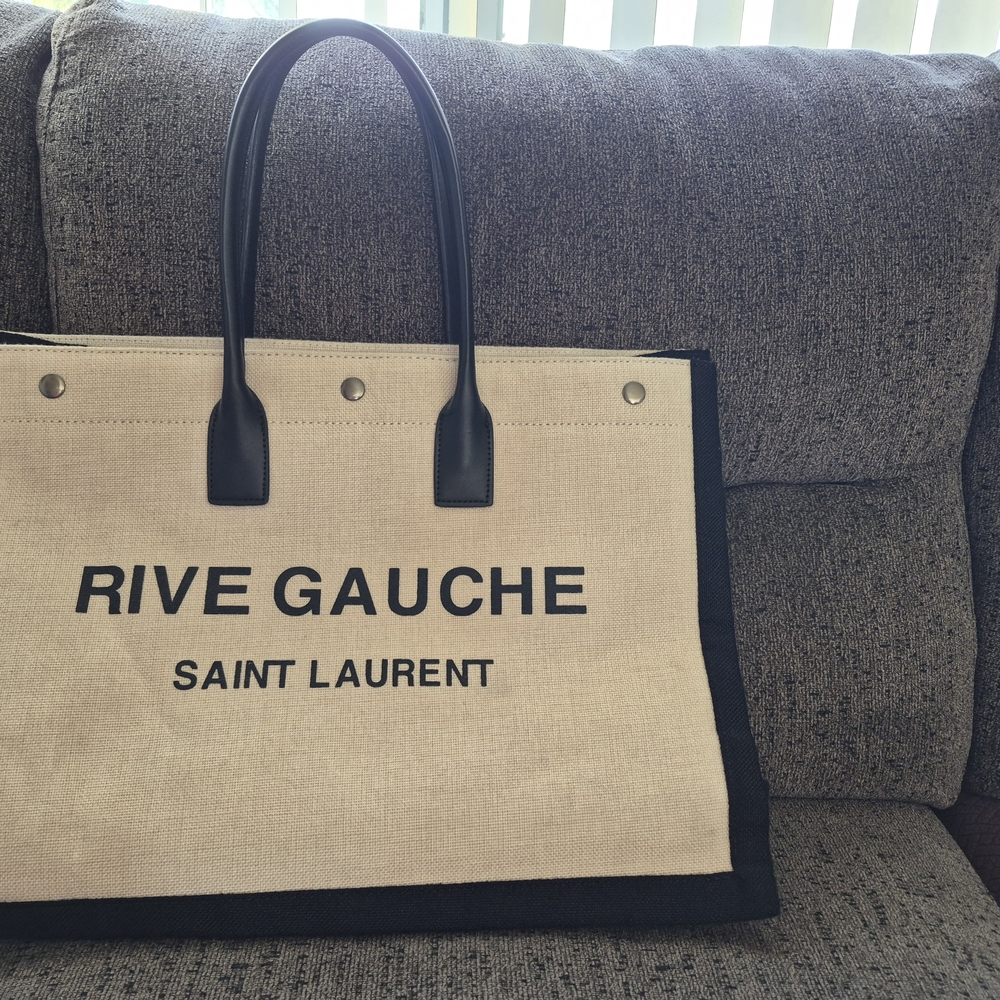 Saint Laurent Beige Canvas Rive Gauche Tote with Black Trim